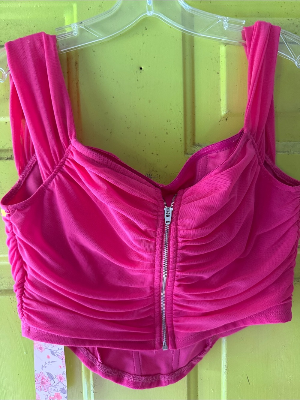 SHEIN Hot Pink Ruched Zip-Front Crop Top